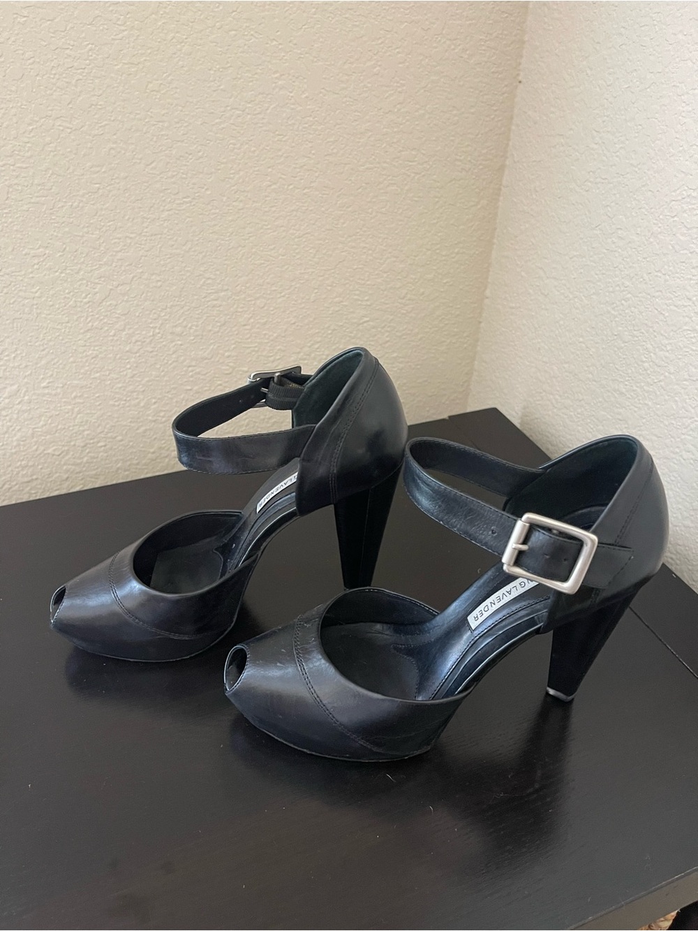 Vera Wang Lavender Label Black Peep-Toe Ankle-Strap Heels